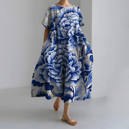 Fashion Floral Printed Short Sleeve Dinner Floral Dress blue1 / S oldfloraldress-250126