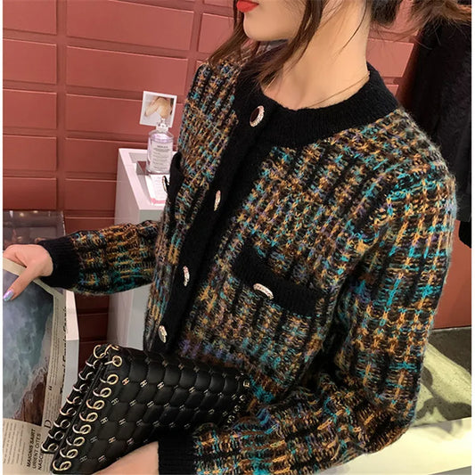 Round Neck Color Matching Knit Autumn Cardigan Black / One Size cardiagn-250126