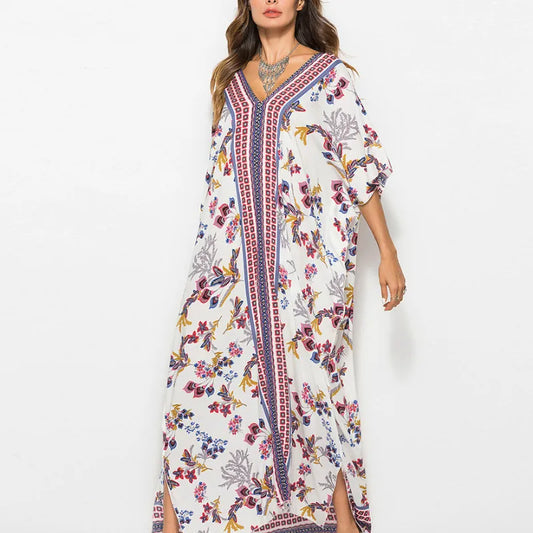 Cotton Rayon Floral Print Maxi Boho Cover up red / One Size bohocoverup-250126