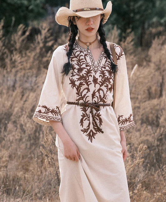 Cotton Linen Floral Boho Dress bohodress-250126