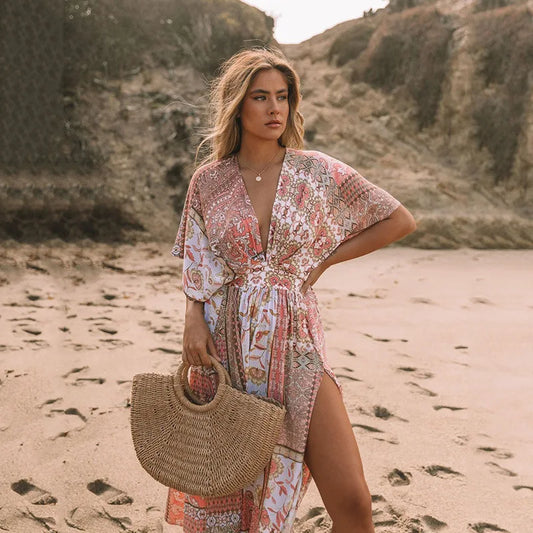Floral Smock Frock Chiffon Bikini Cover Up Boho Dress Pink / S bohocoverup-250126