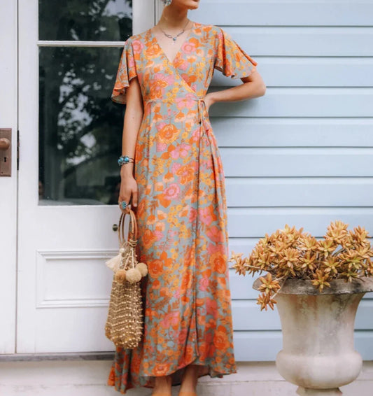 Cotton Orange Floral Boho Dress bohodress-250126