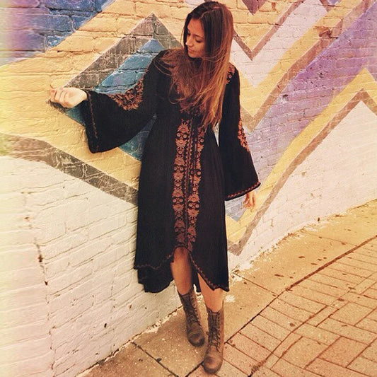 Long Sleeve Floral Embroidered Cotton Boho Dress bohocoverup-250126