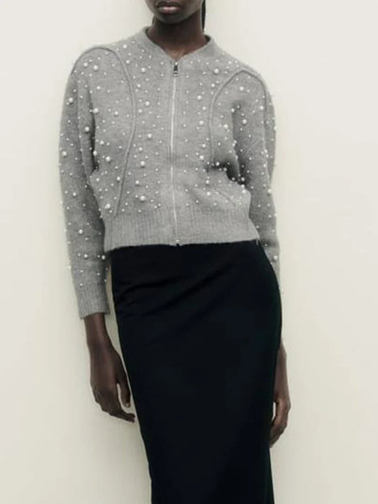 Faux Pearl Zip Knit Cardigan Gray / S Cardigan-241208