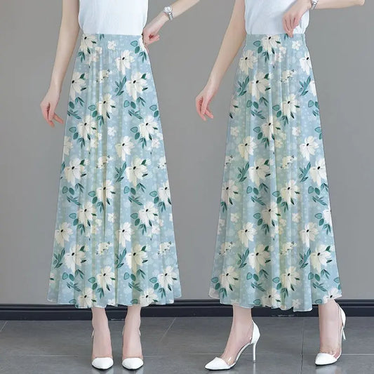 Floral High Waist Patchwork Chiffon Beach Skirt Blue Length 80CM / M skirt-250126
