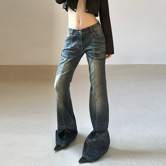 Vintage Woman Low Rise Rivet Stitching Distressed Y2K Flared 90S Streetwear Women Jean