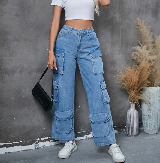 Vintage Loose Casual Middle Waist Hip Hop Straight Baggy Denim Jean Blue / S