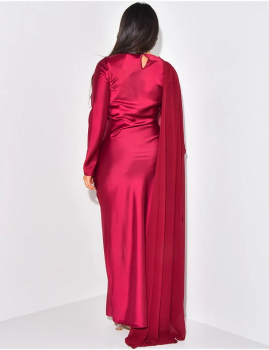 Elegant Solid Color Round Neck High Waist Swing Red Christmas Party Dress Dresses-L