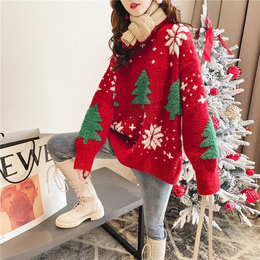 Korean Version Sweet Embroidery Versatile Long Sleeves Pullover Christmas Sweater Red / One Size