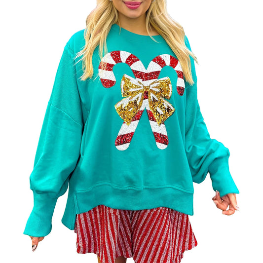 Christmas Sequin Candy Cane Holiday Oversized Side Slit Sparkly Pullover Hoodie Green / S Hoodies-L