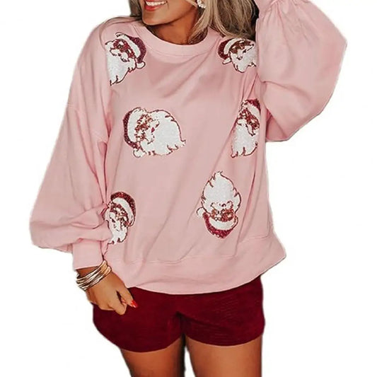 Round Neck Sequin Santa Pattern Loose Lantern Sleeves Christmas Hoodie Pink / S Hoodies-L
