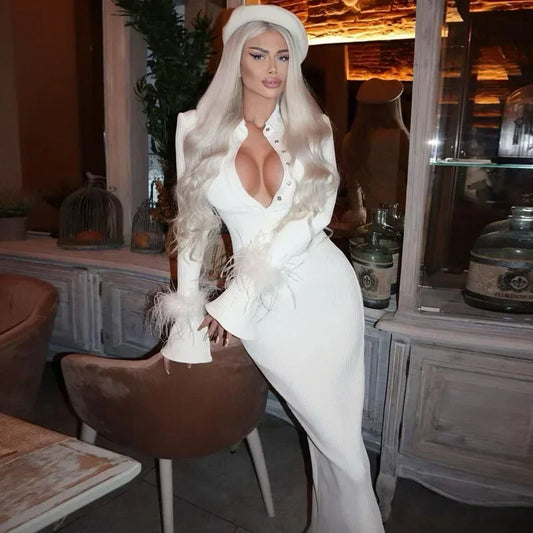 French Y2K Feather Polo Collar Party Dress Partydress-241208