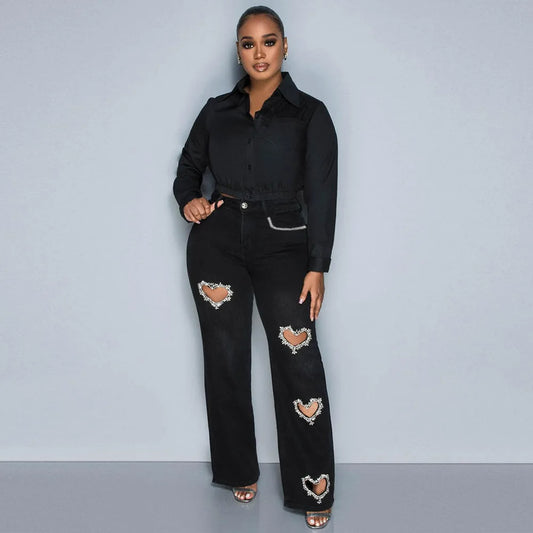 Frauen Gerade Herz Diamant Aushöhlen Taschen Vintage Denim Casual Y2K Harajuku Mode Jeans