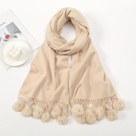 Rabbit Fur Ball Cashmere Pompom Oversize Blanket Scarf For Women Light Khaki Scarfs-L