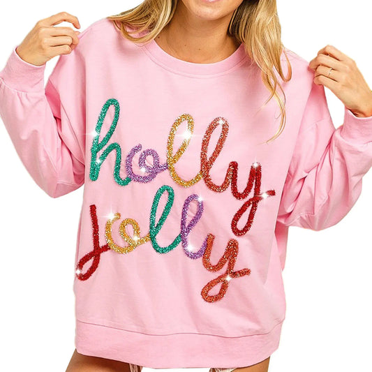Fall Sequin Letter Pattern Long Sleeve Round Neck Loose Christmas Hoodie Pink / S Hoodies-L