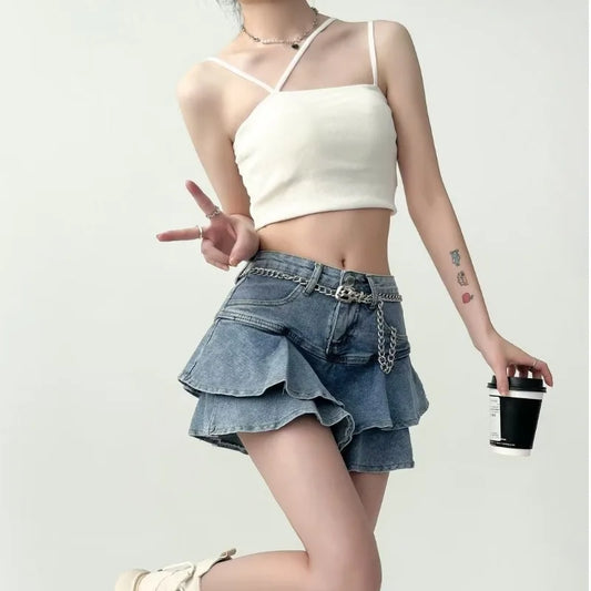 Ruffled Micro Denim School Skirt skirts-250223