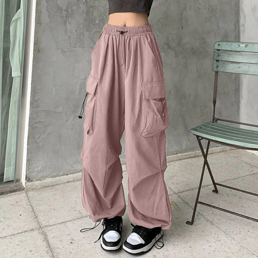Y2K Cargo Drawstring Pleated Wide Pants red 3 / S