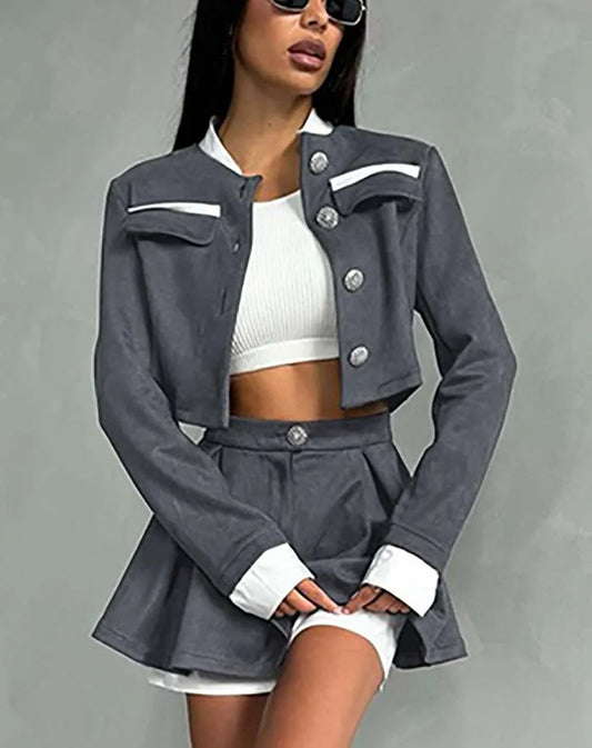 Grey Patchwork Crop Pleated Mini Office Two Piece Set