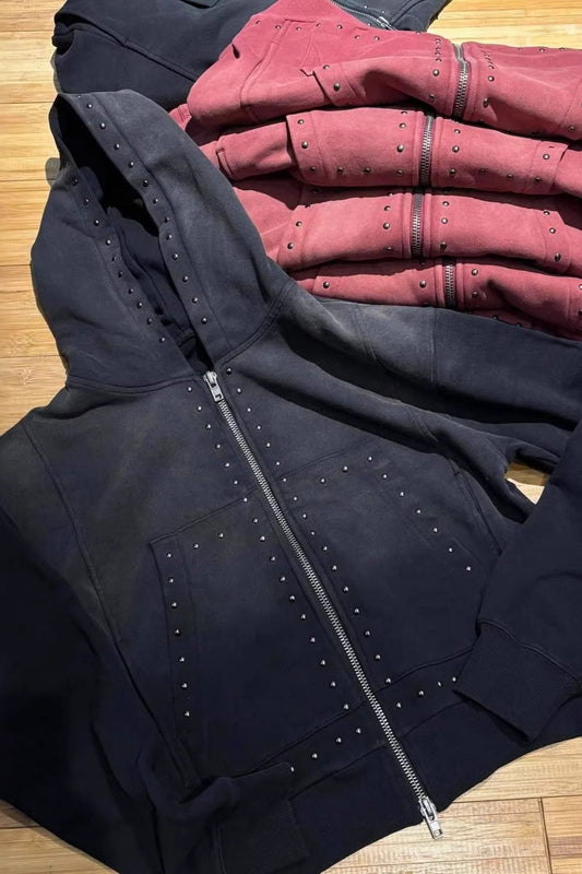Rhinestone Distressed Zip-Up Hoodie