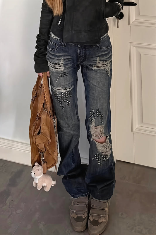 Studded Distressed Mid Rise Flare Jeans