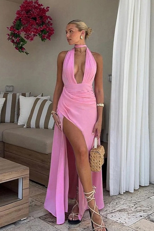 U Neck Halter Tie Ruched Slit Maxi Dress
