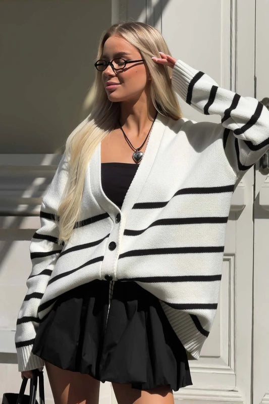 Striped V Neck Buttoned Slouchy Knit Cardigan