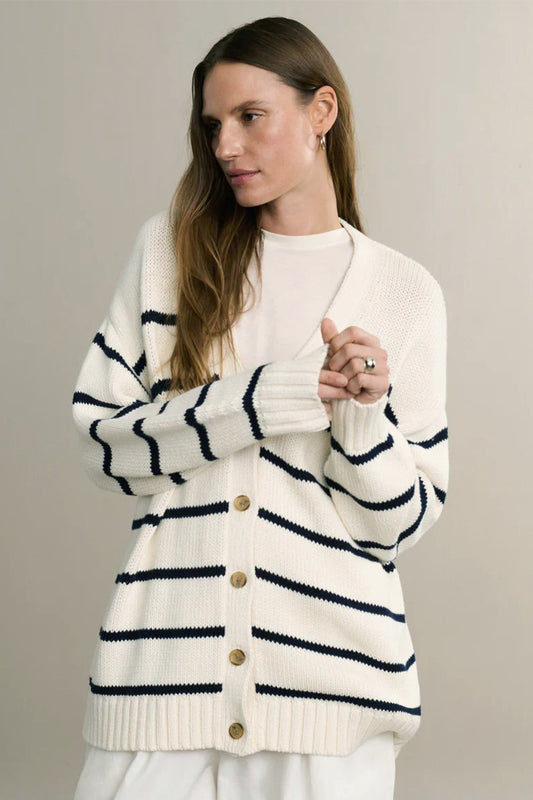 Flattering Striped V Neck Relaxed Knit Cardigan