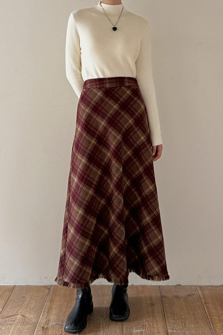 Red Plaid Wool Bodycon Skirt