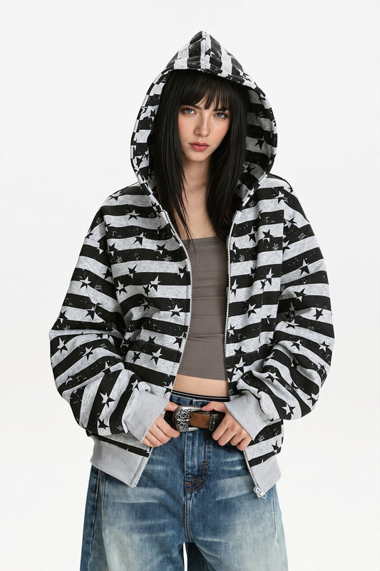 Striped Star Print Zip Hoodie