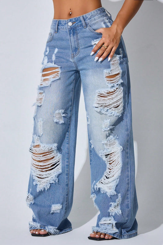 Extreme Distressed Wide-Leg Jeans