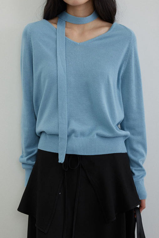 Wool V-Neck Oversized Long-Sleeve Knit Top Blue / One Size
