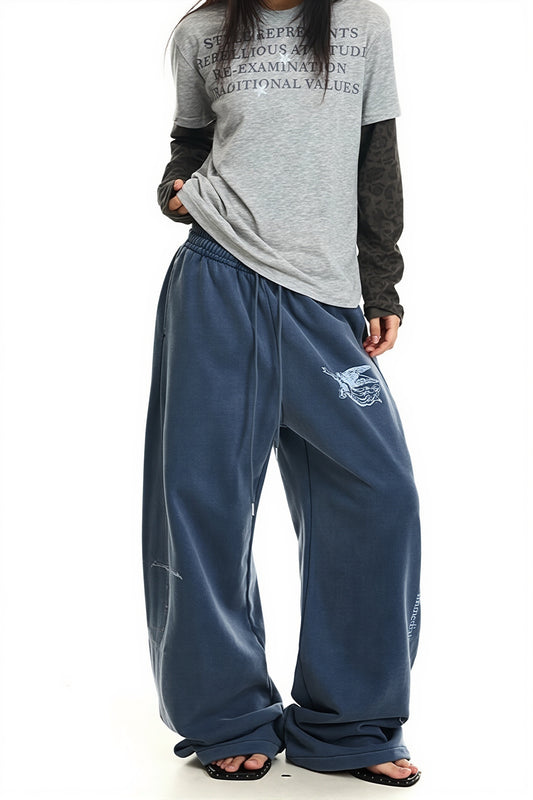 Letter Print Drawstring Wide Leg Pants