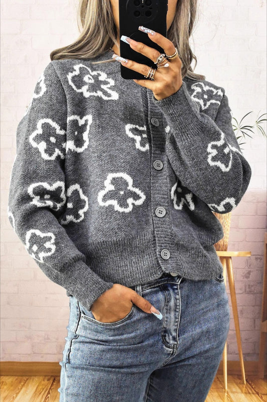 Floral Jacquard Short Single-Row Button Knit Cardigan