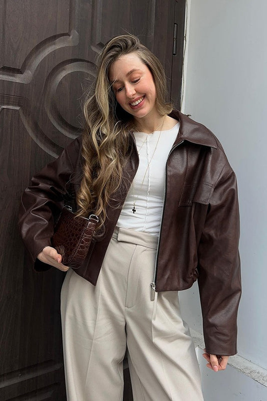 Veste rétro en cuir PU marron