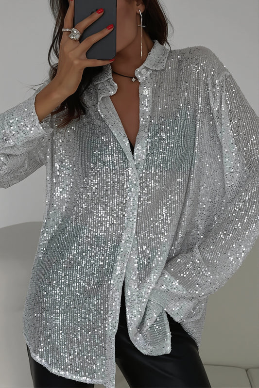 Sequin Collared Button Front Blouse