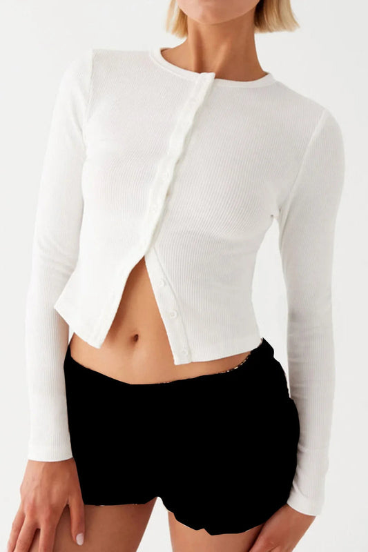 Knit Ribbed Button Front Crop Cardigan White / S