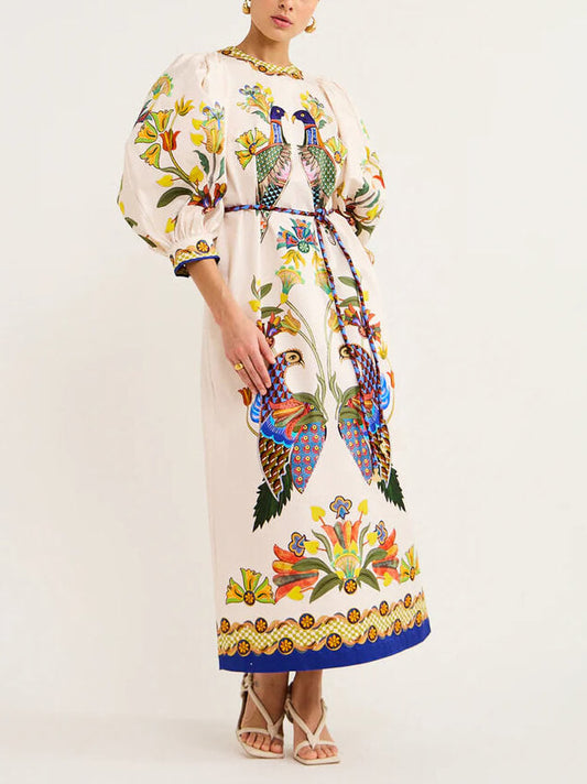 Exquisite And Fun Printed Puff Trendy Sleeves Loose Casual Midi Dress Dresses