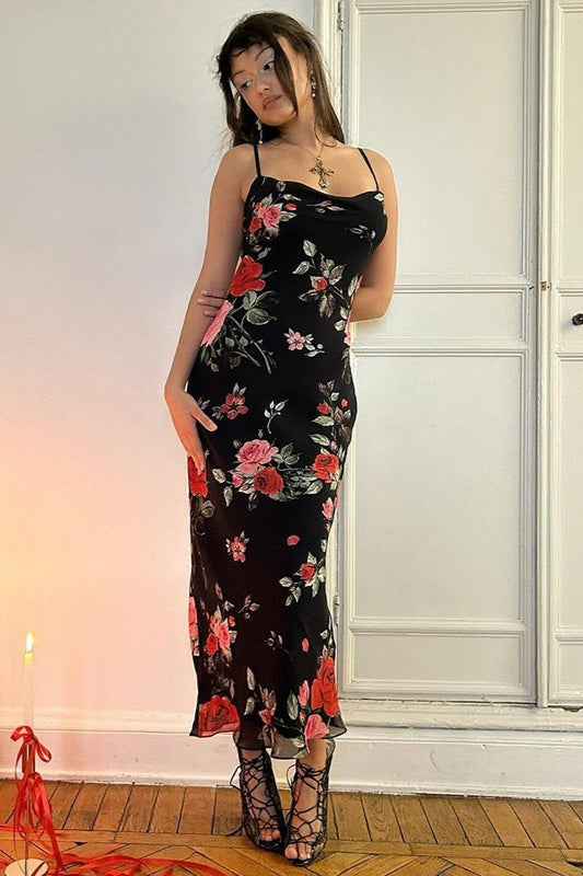 Robe longue moulante à imprimé floral vintage