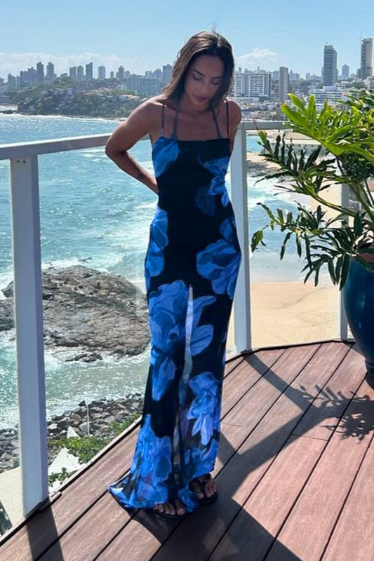 Robe longue fleurie dos nu à nouer