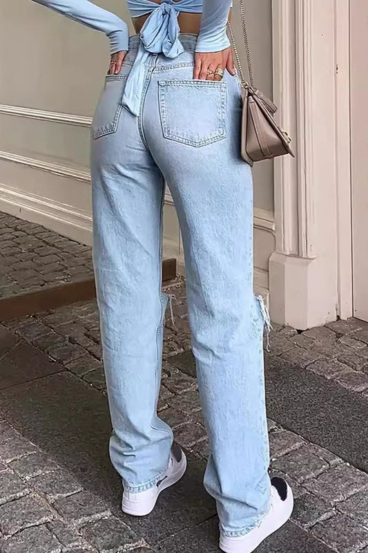 Distressed Light-Wash Straight Jeans