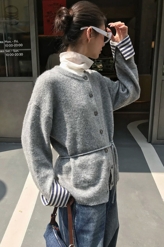 Color-Block Belted Lazy-Style Knit Cardigan