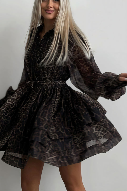 Chiffon Leopard Print Long Sleeve Mini Dress