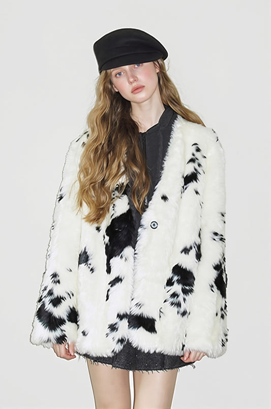 Cow Print Cropped Plush Faux Fur Coat
