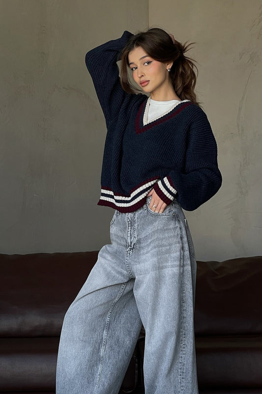 Striped Contrast V Neck Loose Long Sleeve Sweater