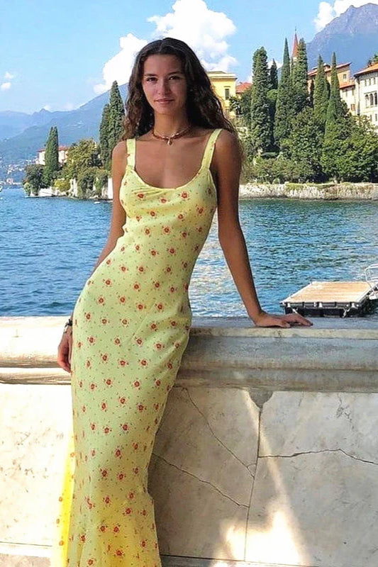 Floral Print Suspender Dress Long Fishtail Maxi Dress