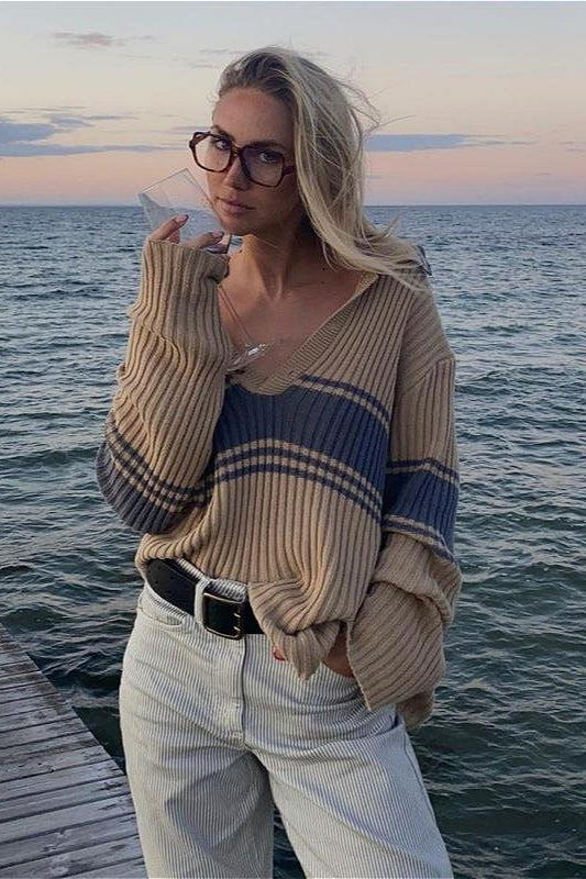 Striped Color Block Long Sleeve Knit Sweater