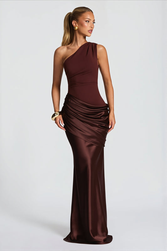 Satin Splice Ruched Slim Maxi Dress