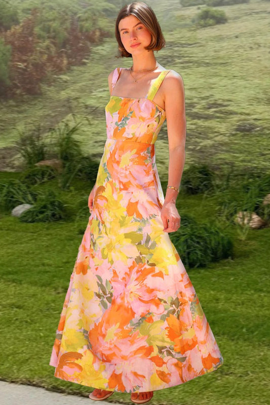 Floral Print Sleeveless Holiday Flowy Maxi Dress