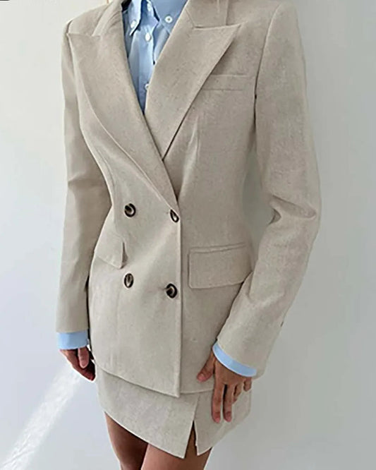 Apricot Double Breasted Mini Skirt Office Two Piece Set