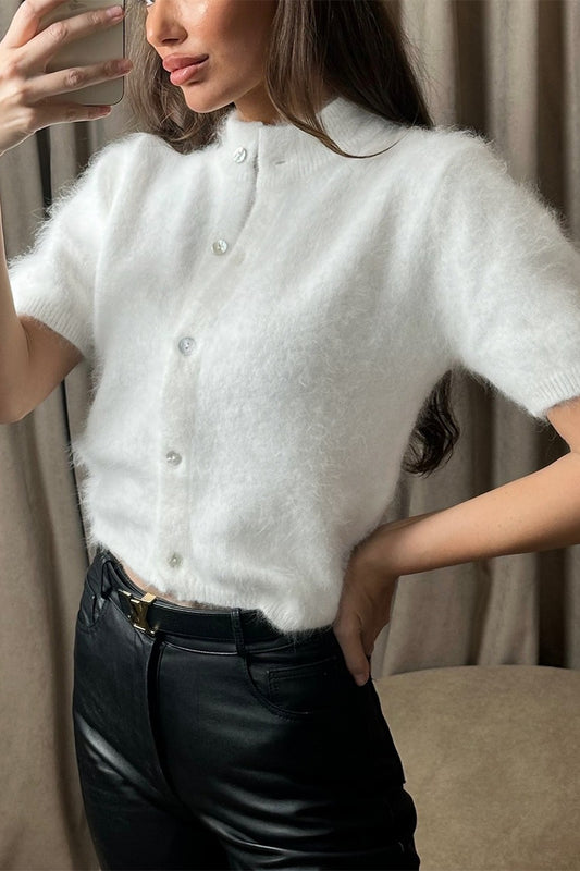Fuzzy Short Sleeve Button Front Knit Sweater